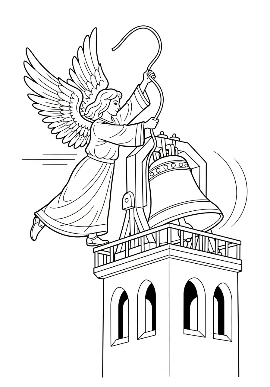 engel luidt kerstklok op toren kleurplaat