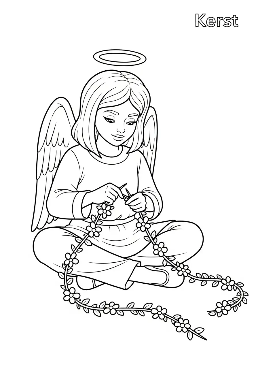 engel maakt bloemenslinger kleurplaat