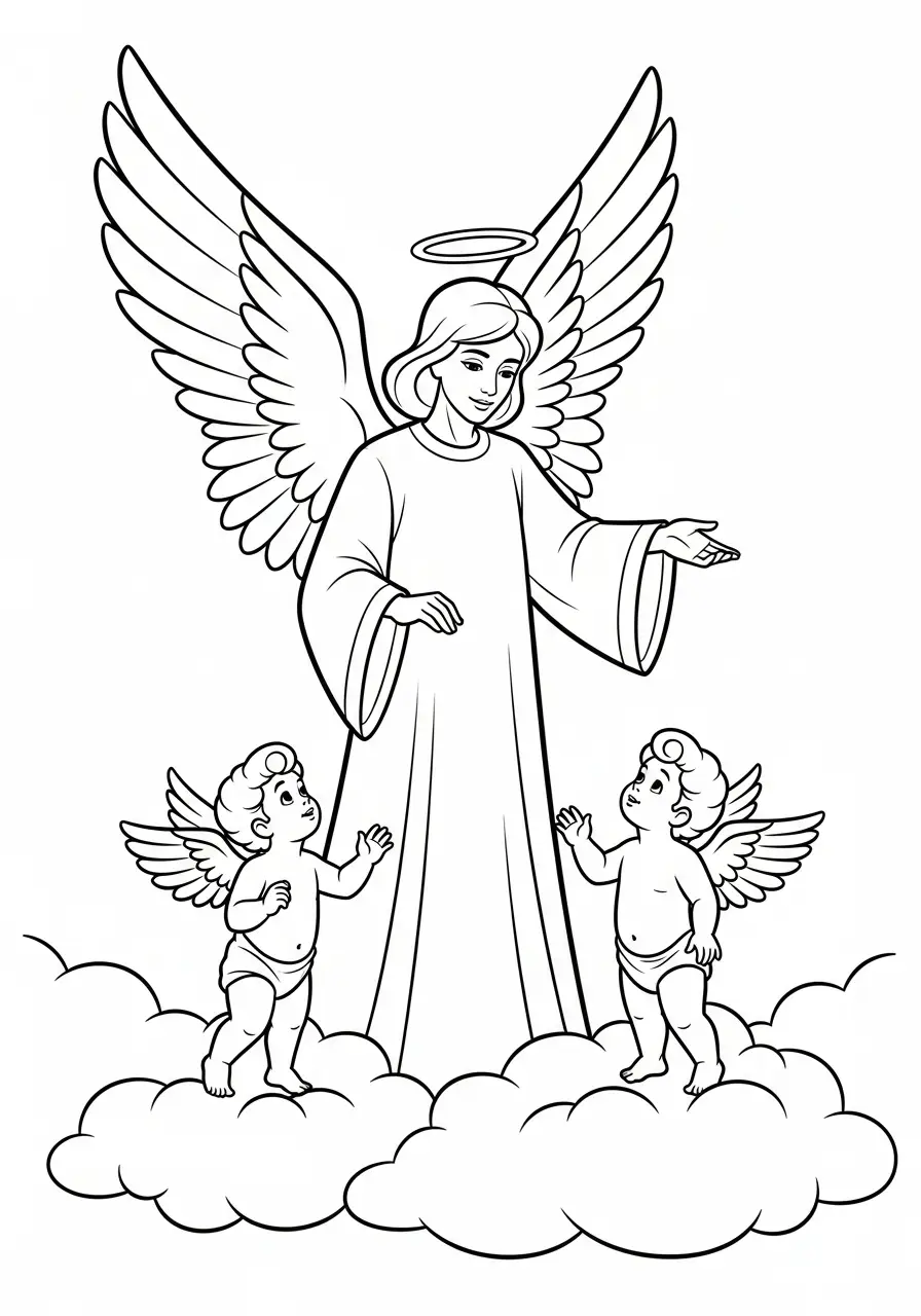 engel met twee cherubijnen op wolken kleurplaat