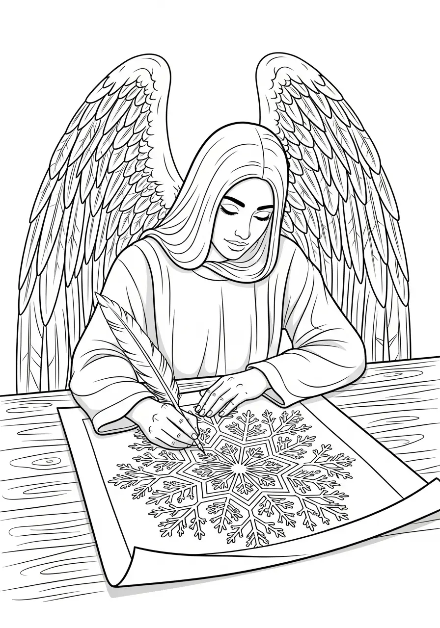engel schrijft met ganzenveer over sneeuwvlok kleurplaat