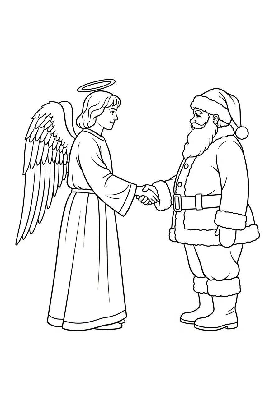 engel schudt hand met kerstman kleurplaat