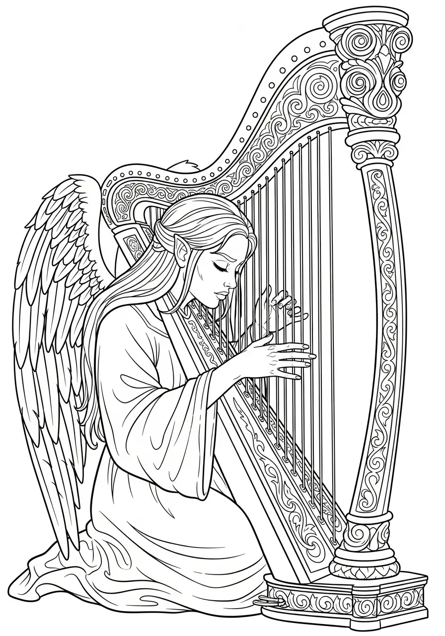 engel speelt op versierde harp kleurplaat