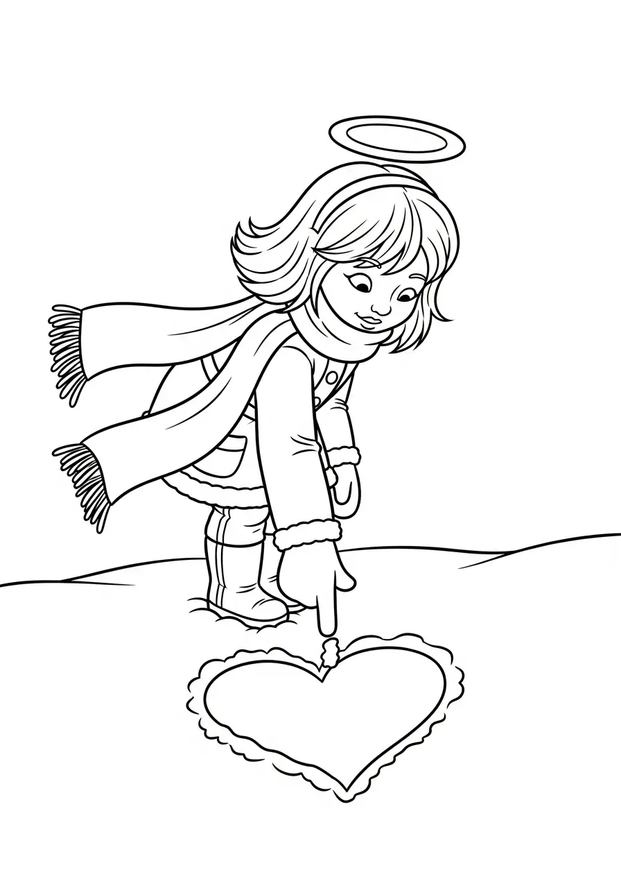 engel tekent hart in sneeuw kleurplaat