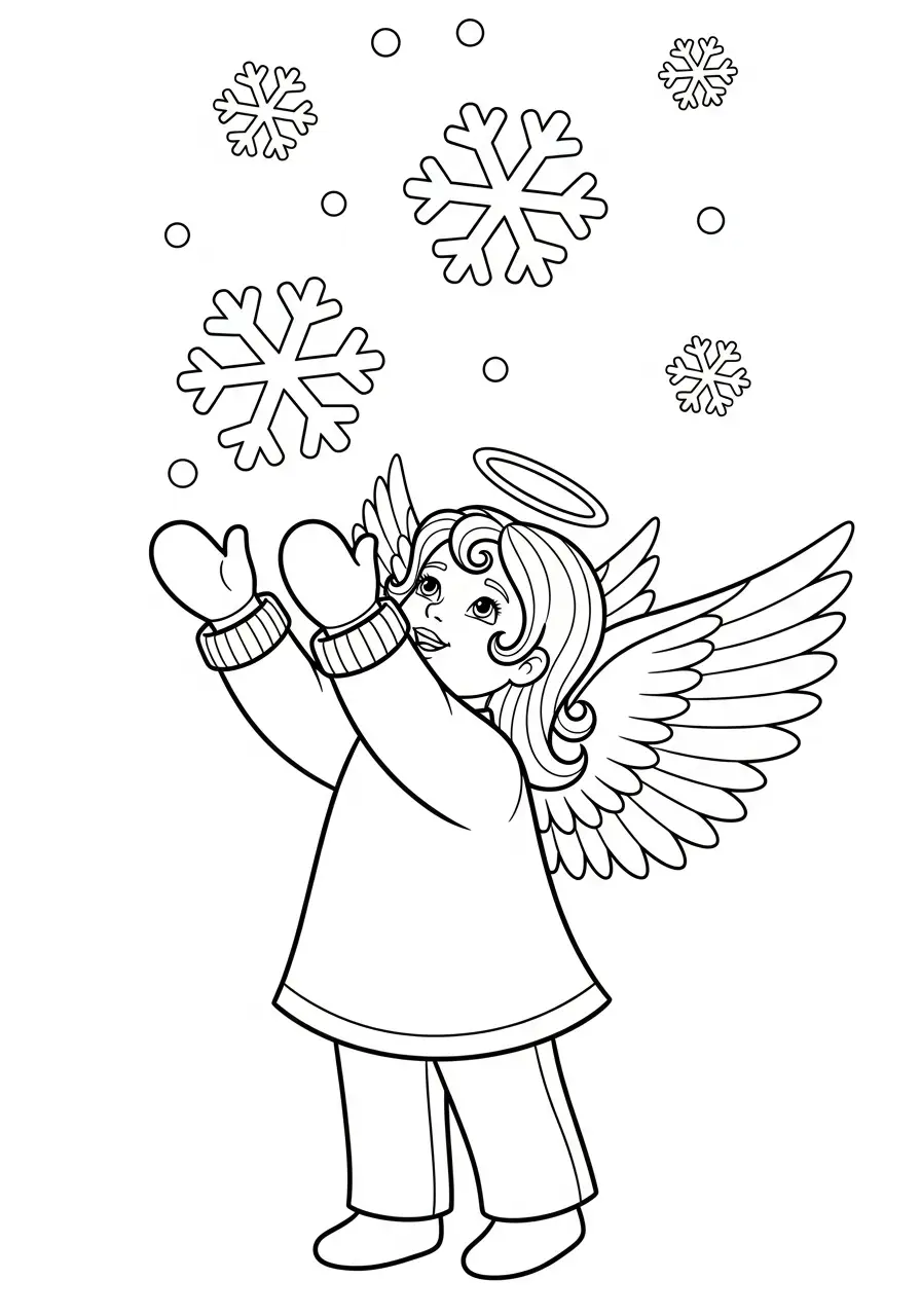 engel vangt sneeuwvlokken met wanten kleurplaat