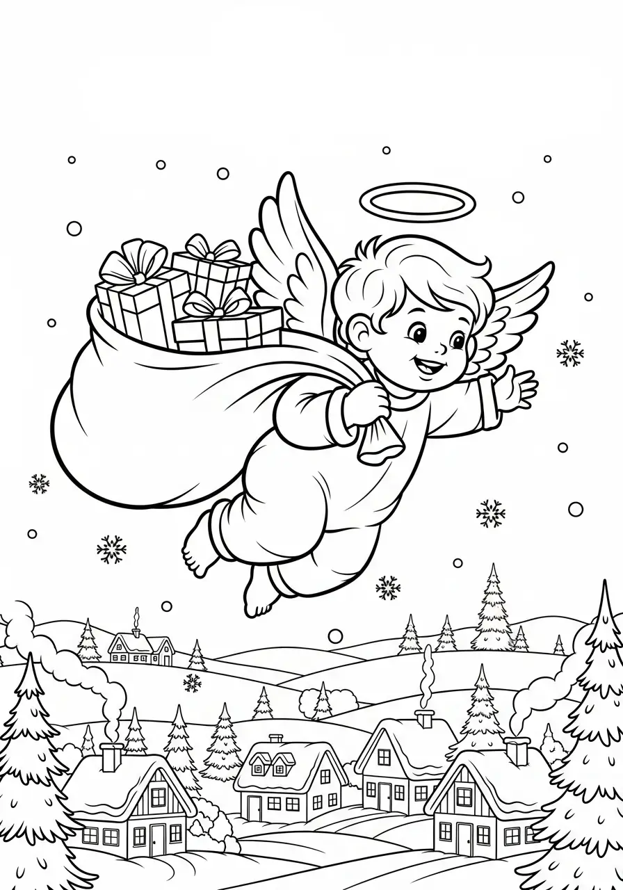 engel vliegt met cadeautjes over dorp kleurplaat