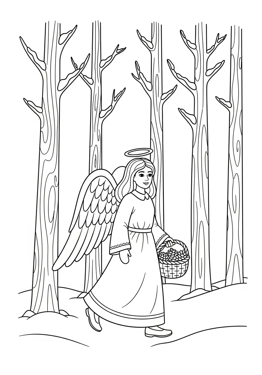 engel wandelt door winterbos met mand kleurplaat