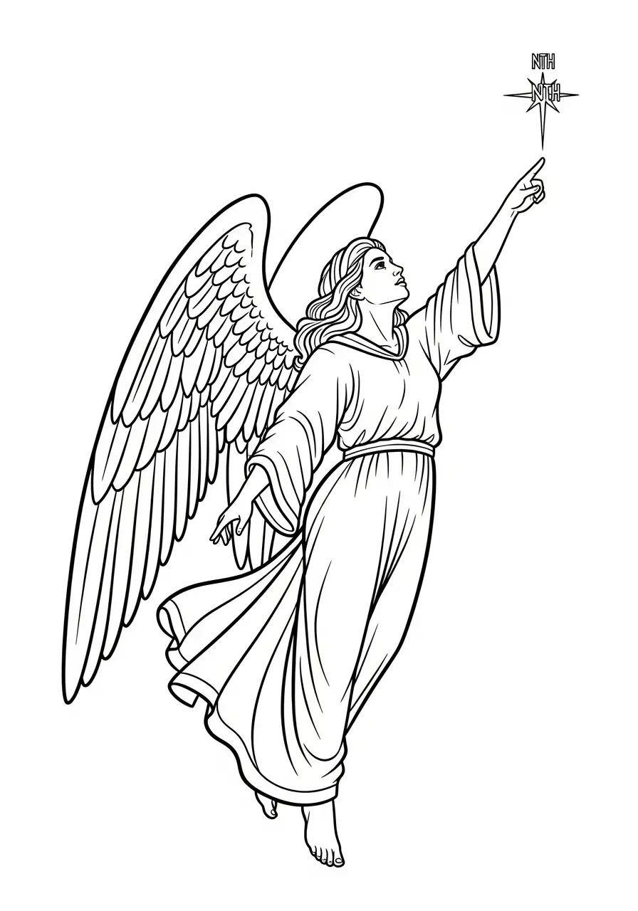 engel wijst naar kerstster kleurplaat
