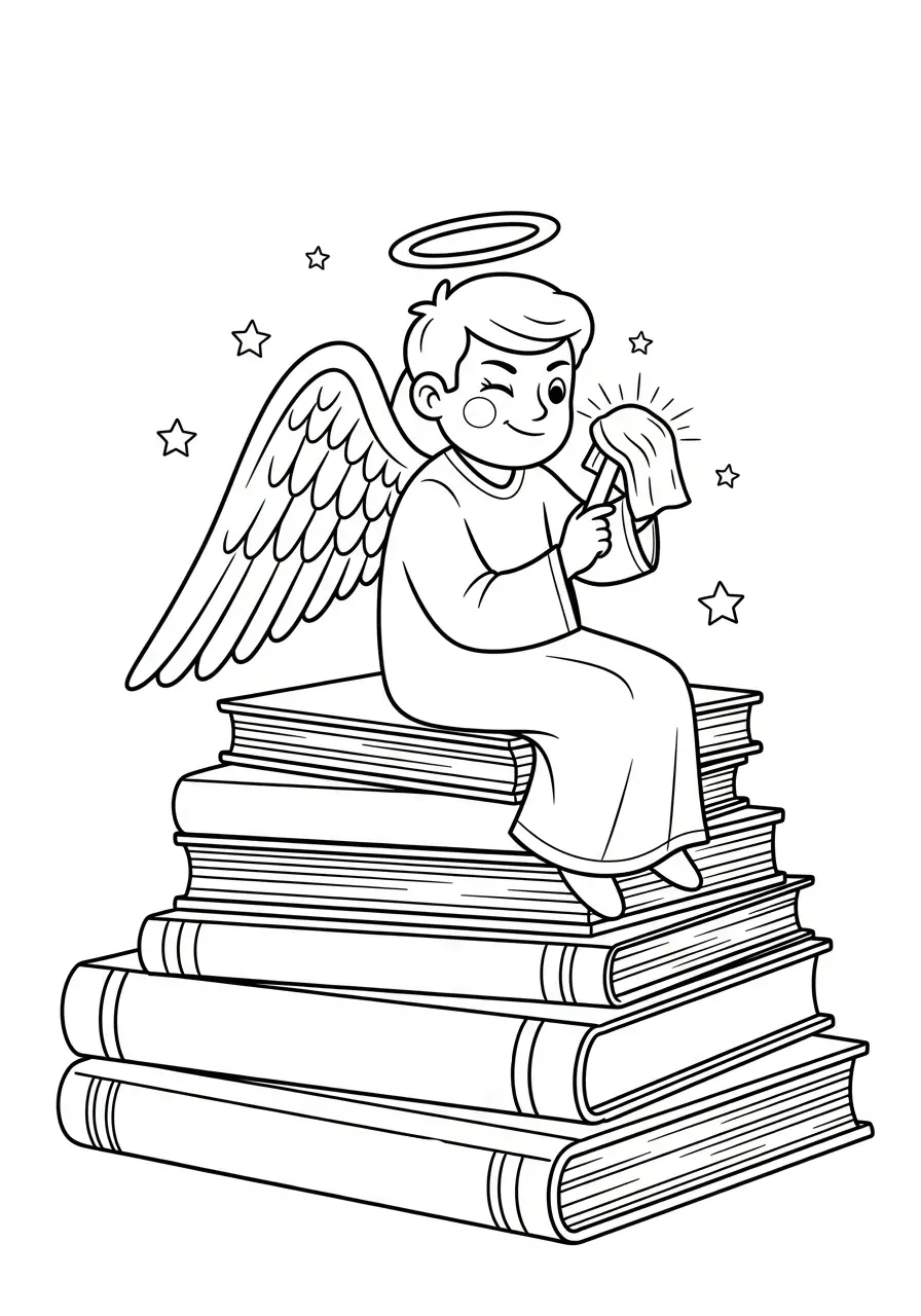 engel zit op stapel boeken kleurplaat