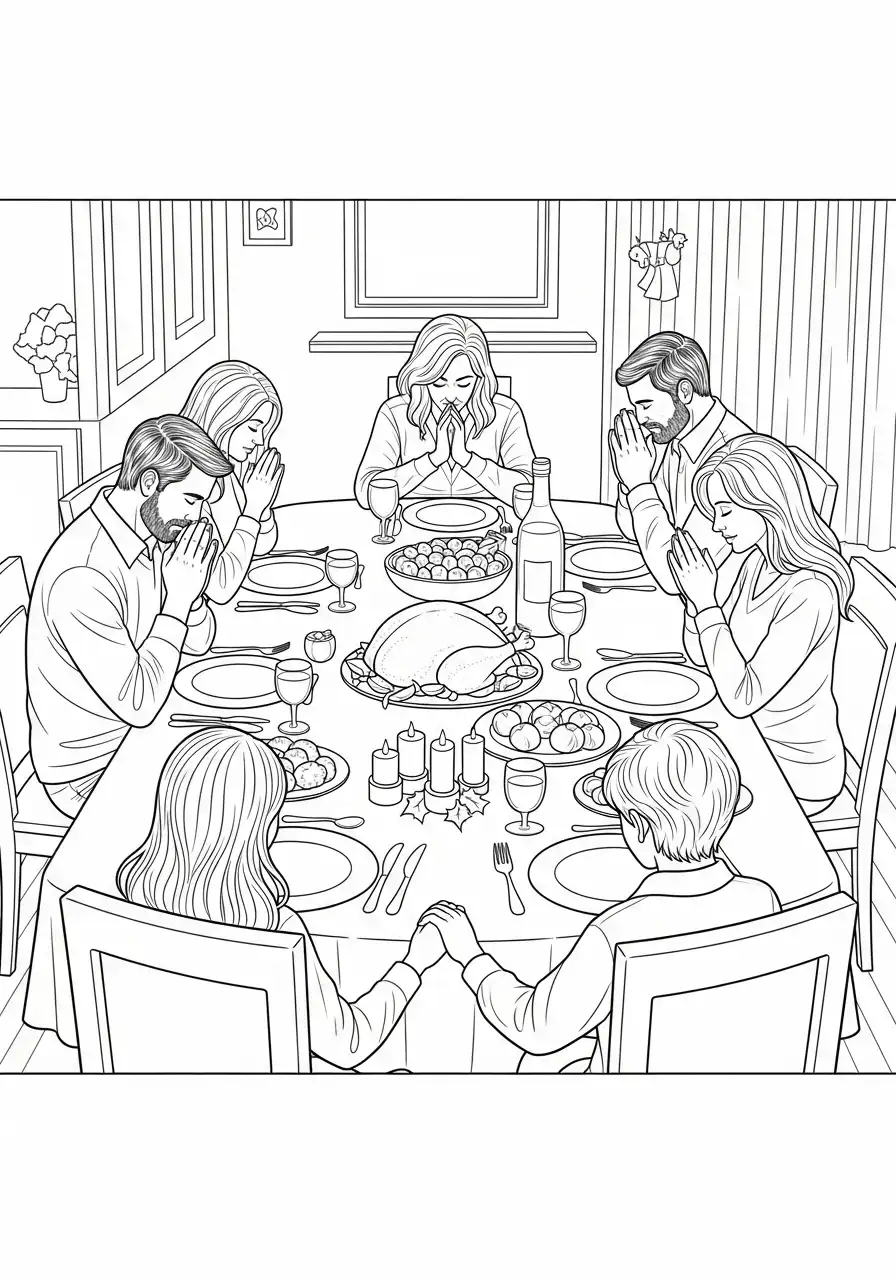 familie bidt voor het kerstdiner kleurplaat
