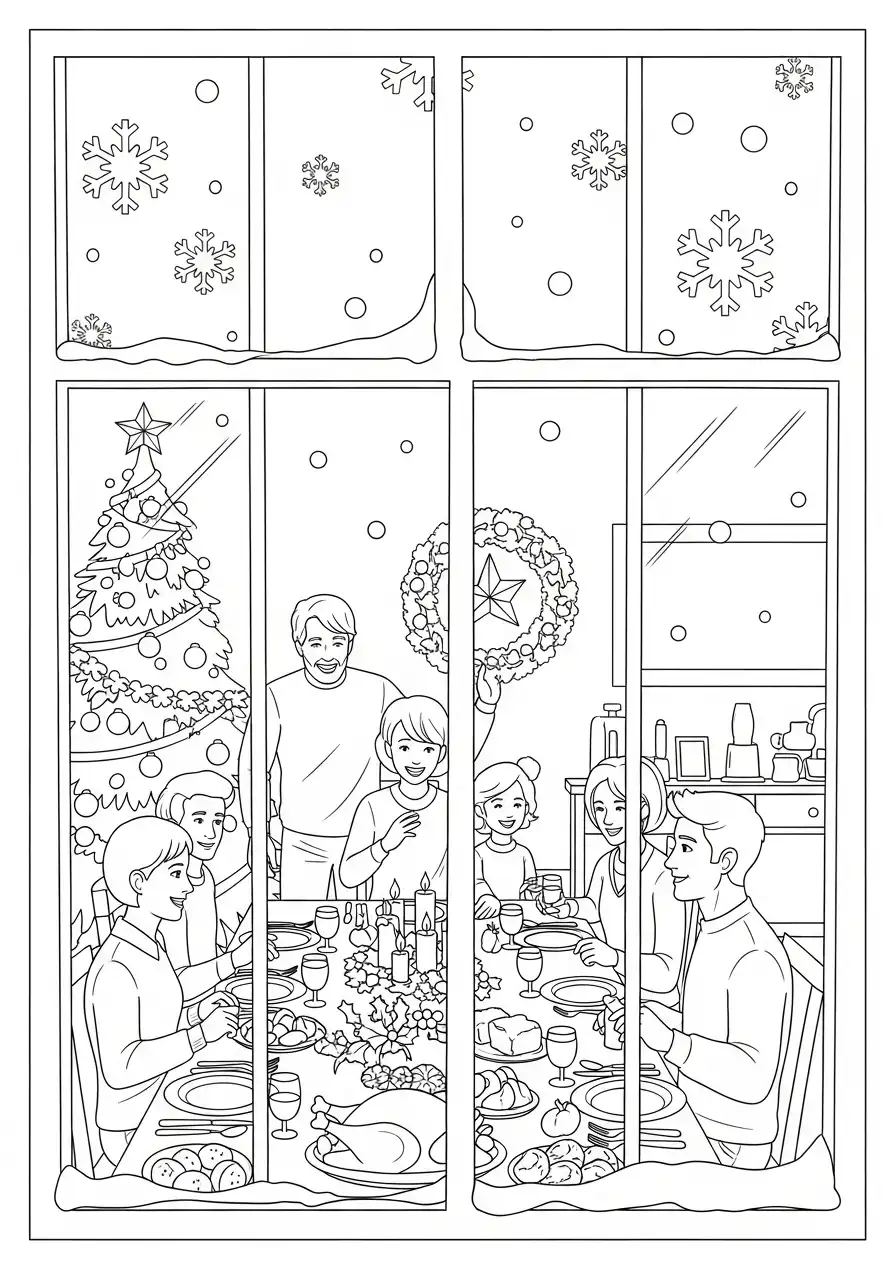 familie eet aan de kersttafel bij het raam kleurplaat