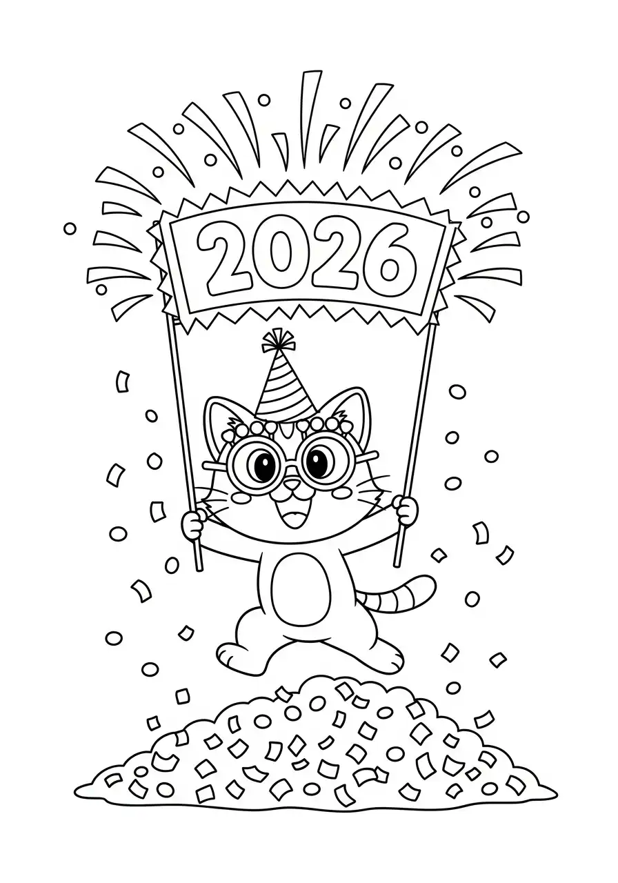 feest kat 2026 vuurwerk kleurplaat