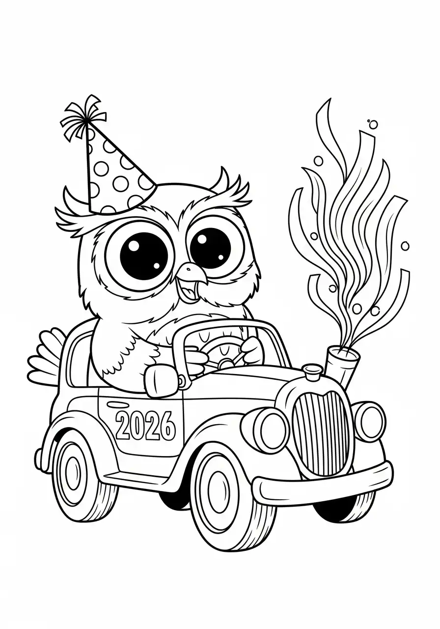 feest uil in auto 2026 kleurplaat