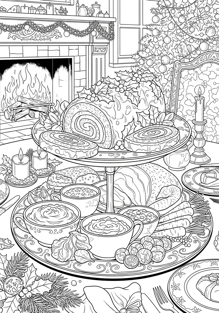 feestelijke etagere met rollade en vlees kleurplaat