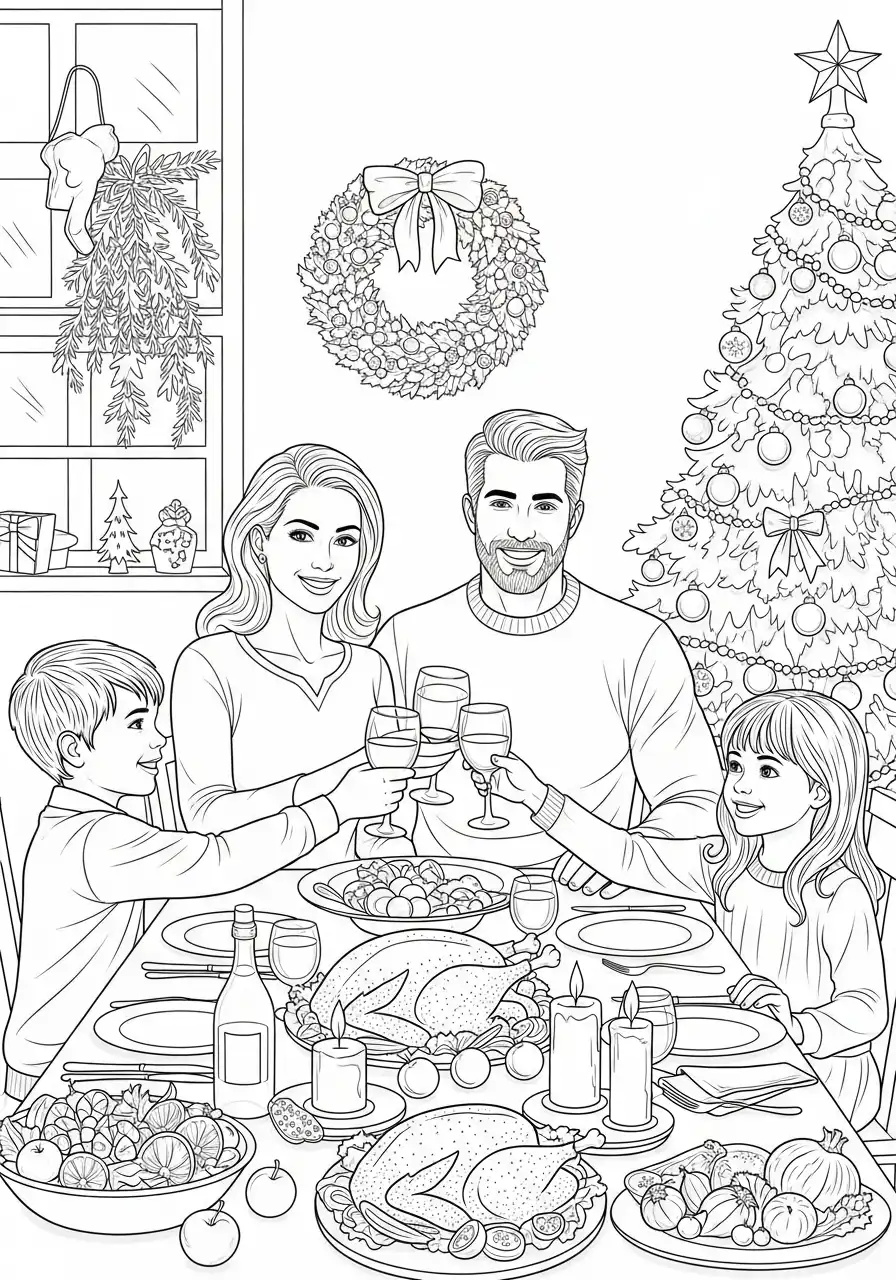 gezin proost tijdens het kerstdiner kleurplaat