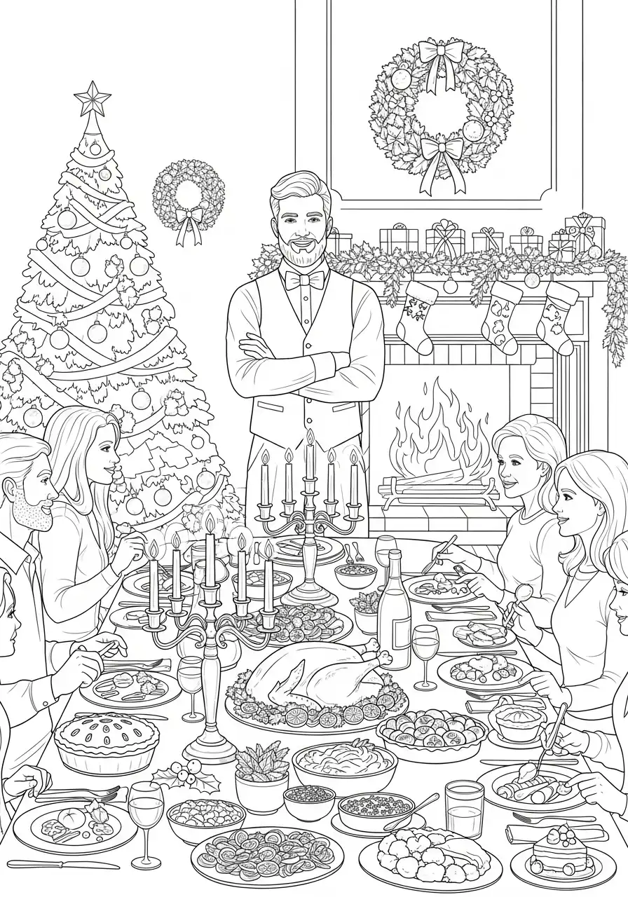 gezinsdiner met grote kalkoen en veel gerechten kleurplaat