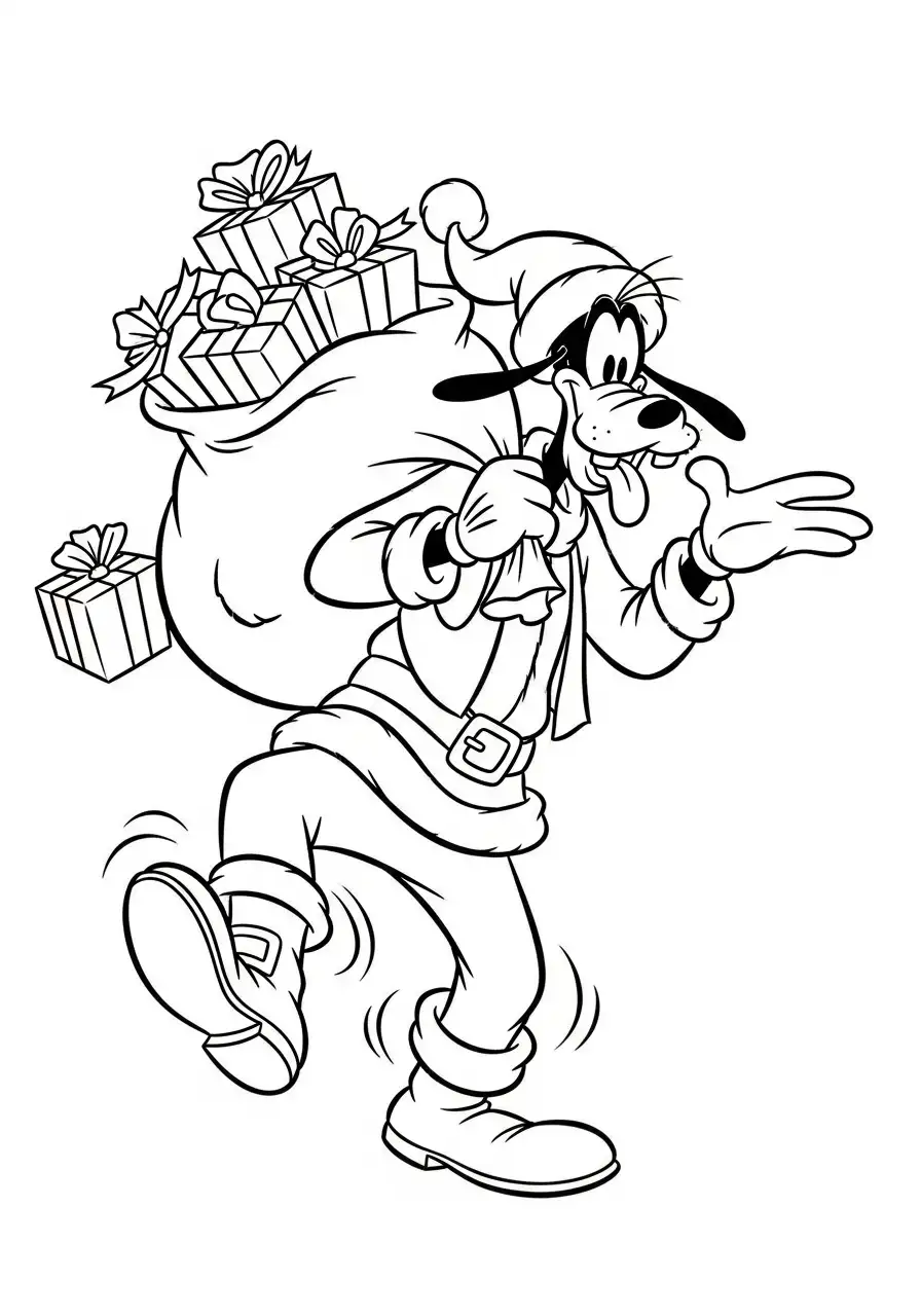 goofy als kerstman met zware zak kleurplaat