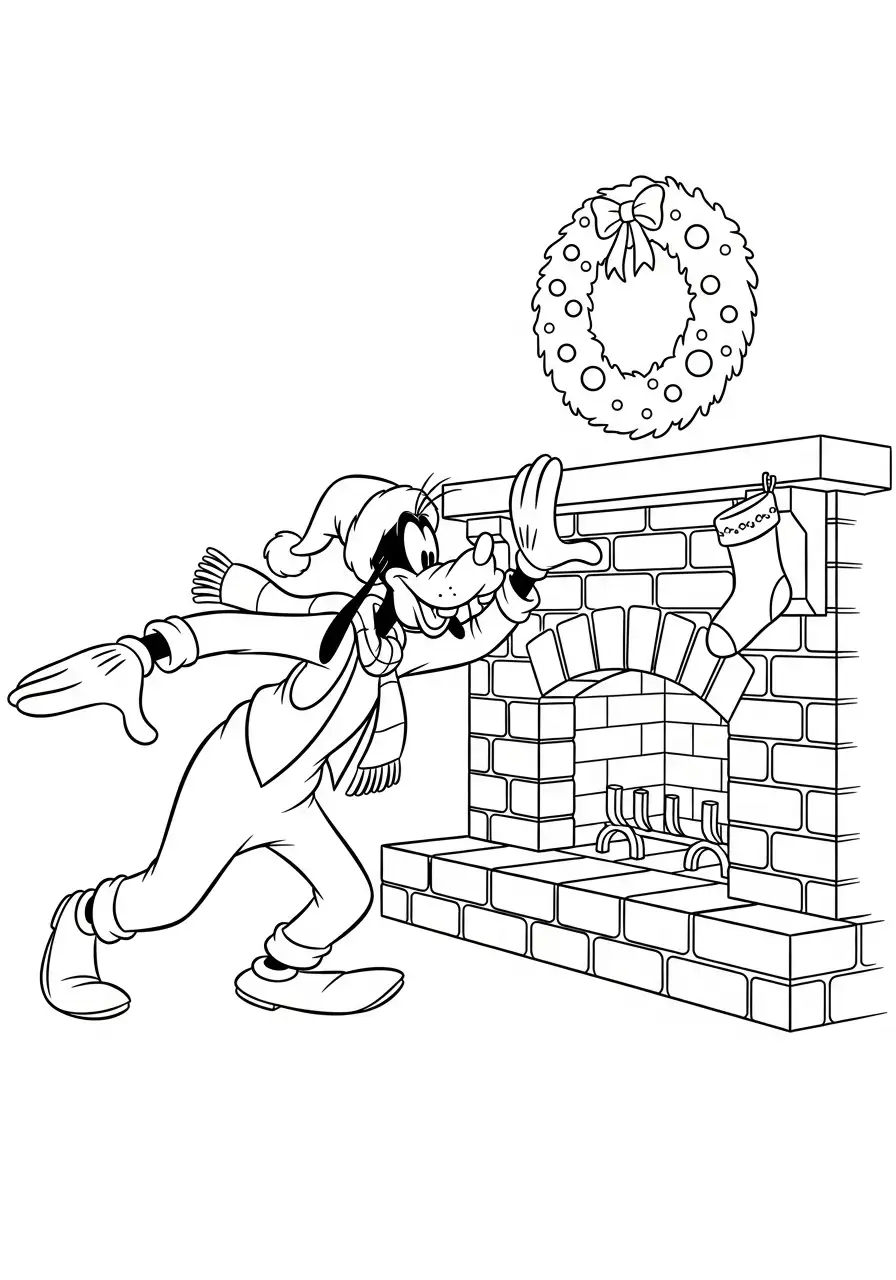 goofy bij de open haard met krans kleurplaat