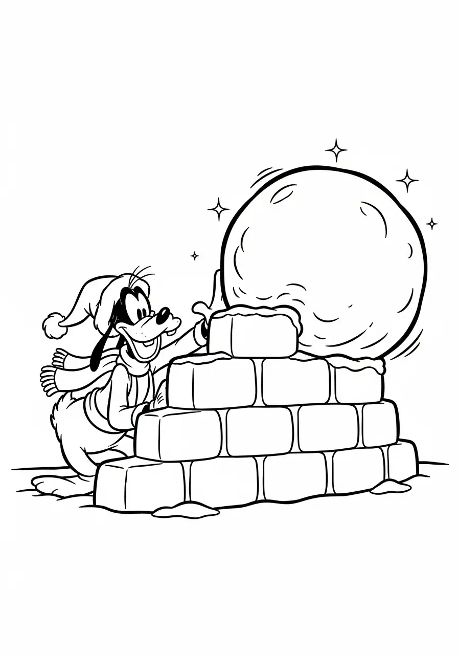 goofy bouwt een sneeuwburcht kleurplaat