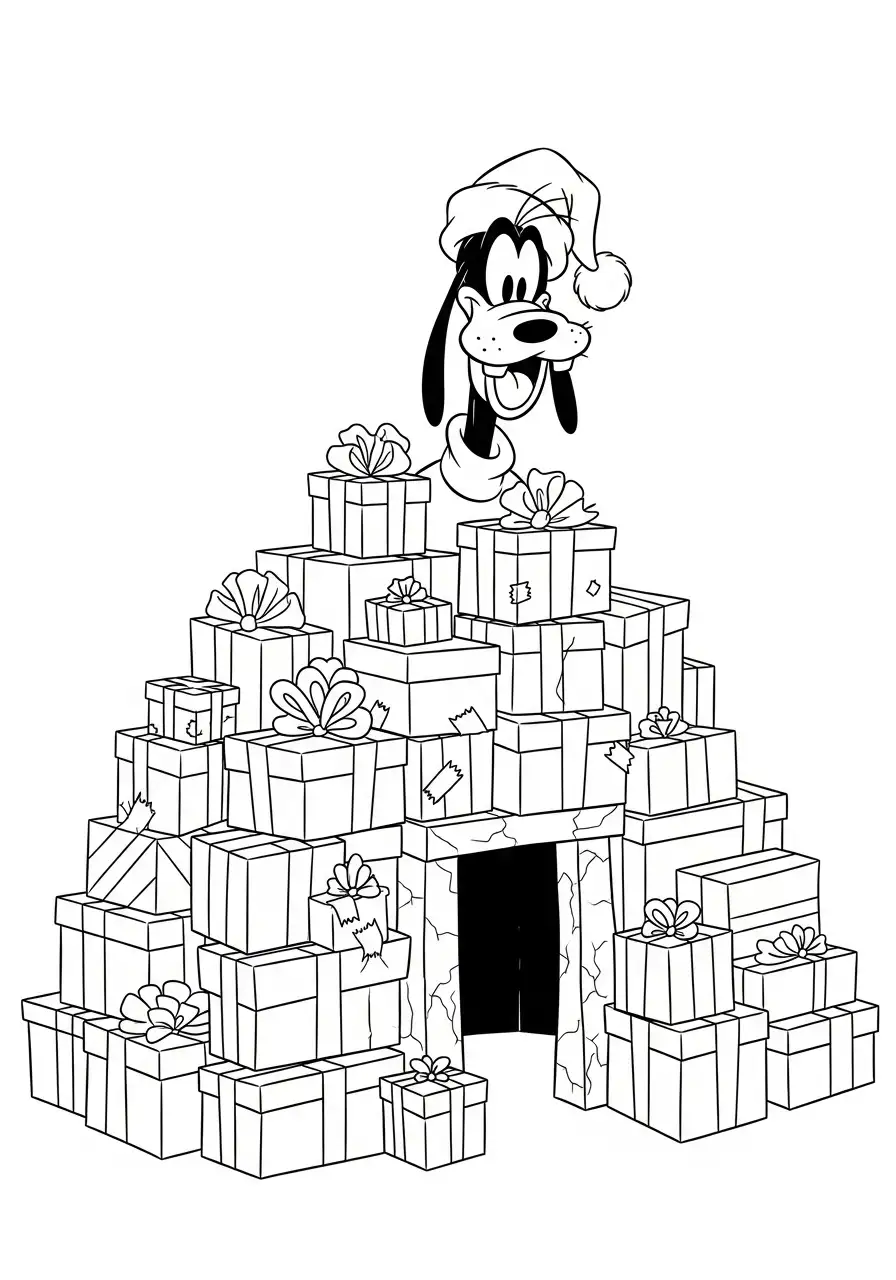goofy bovenop de geschenkenberg kleurplaat