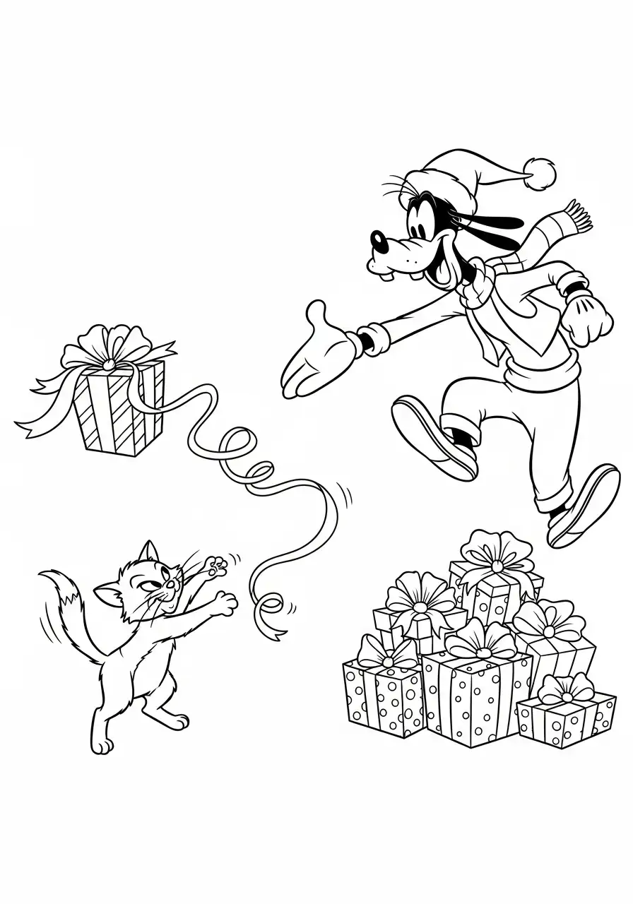 goofy en de kat spelen met linten kleurplaat