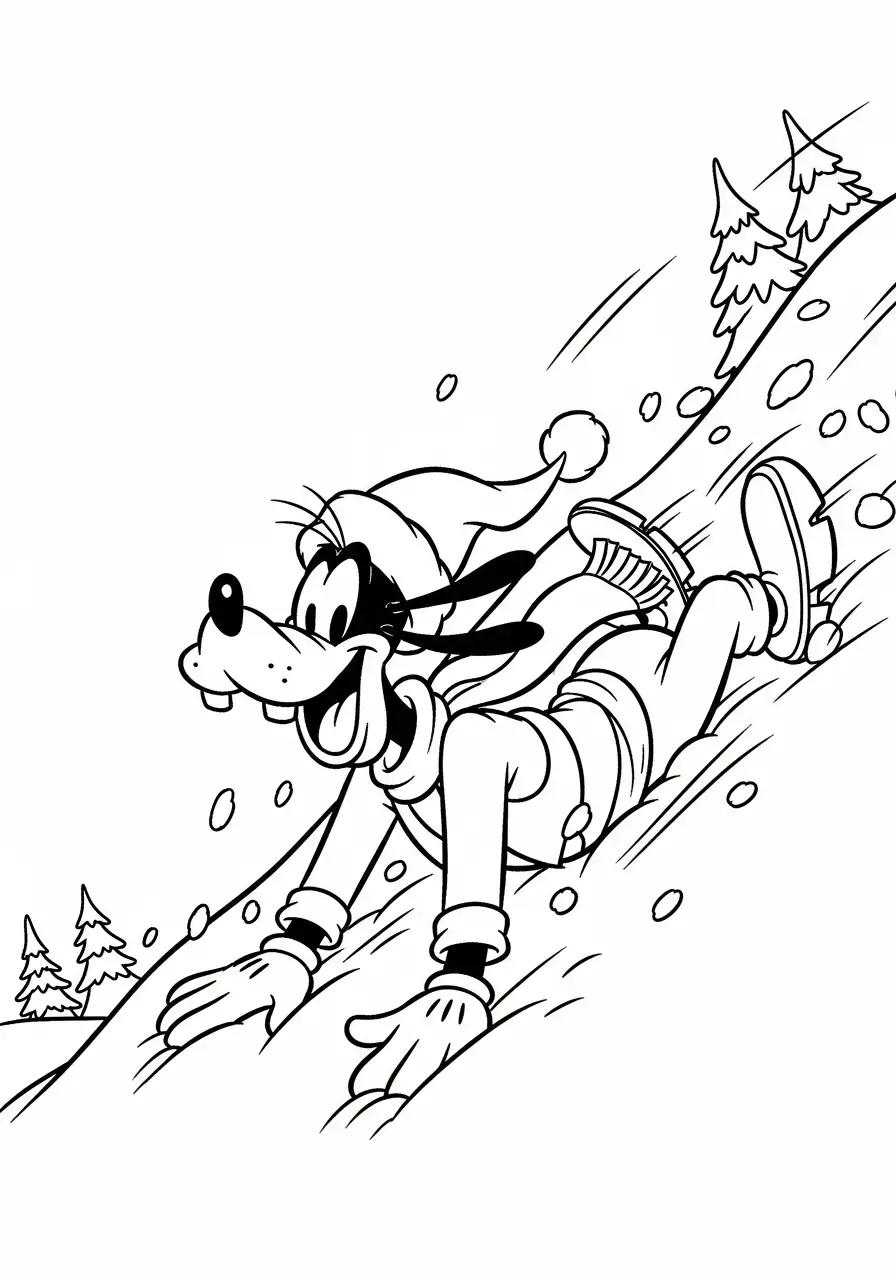 goofy glijdt van de sneeuwberg af kleurplaat