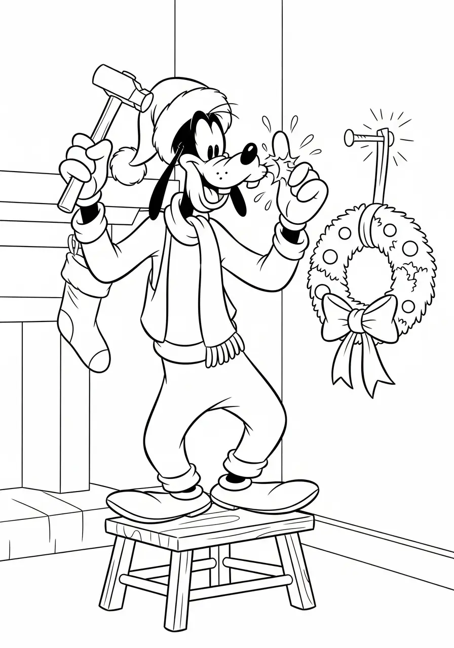 goofy hangt kerstkrans op kleurplaat