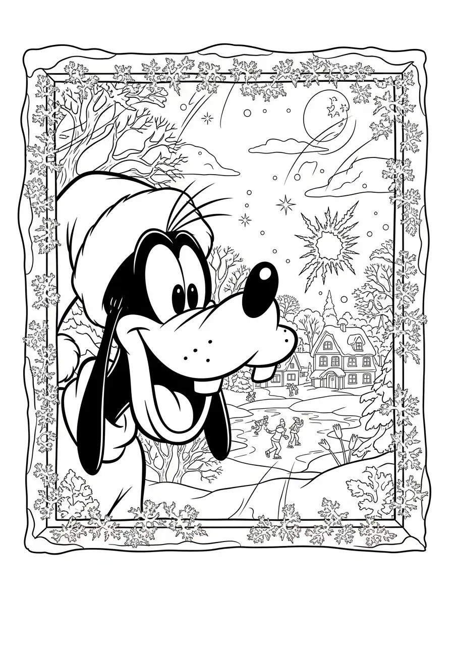 goofy kijkt naar het winterlandschap kleurplaat