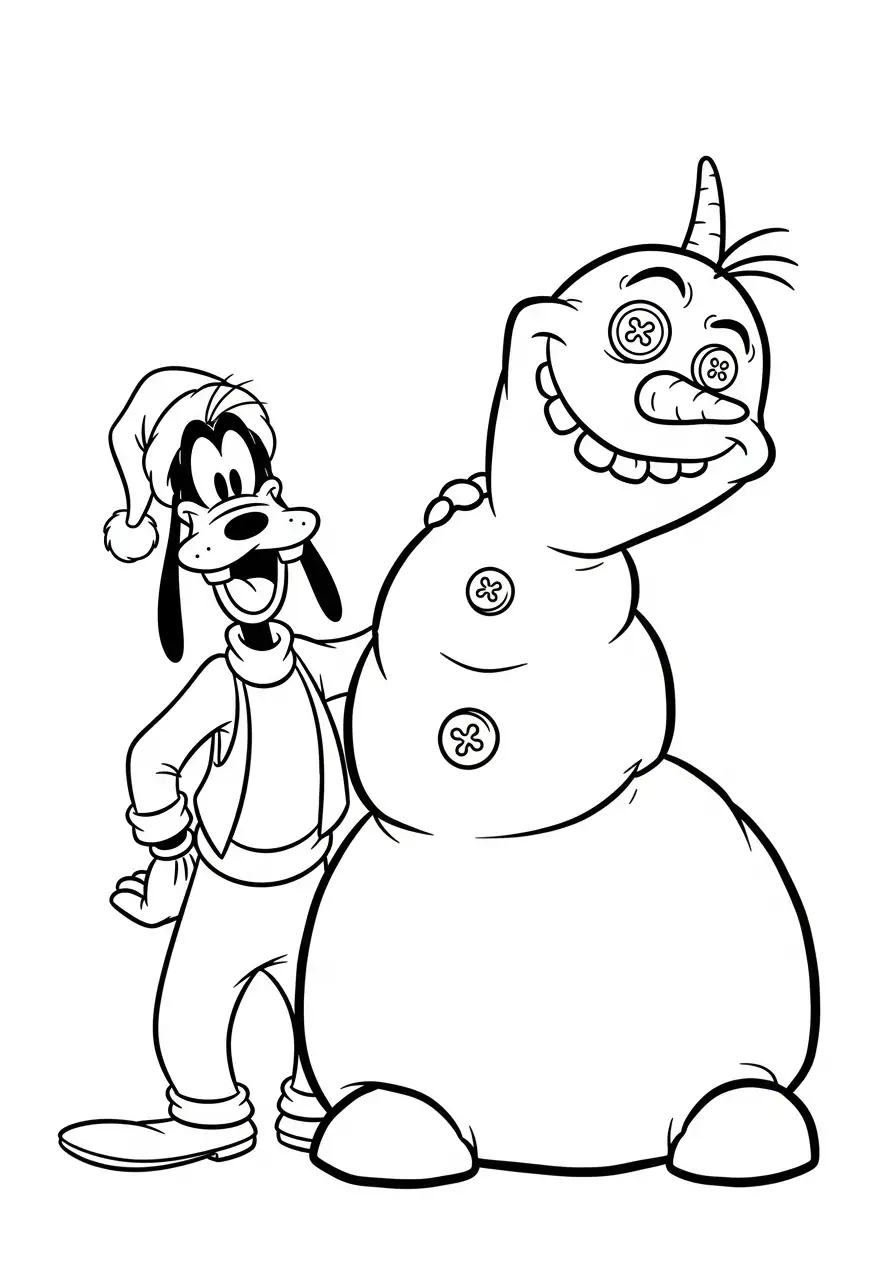 goofy maakt een grote sneeuwpop kleurplaat