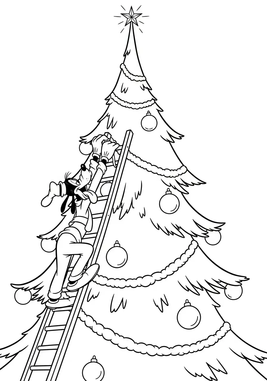 goofy op de ladder versiert boom kleurplaat