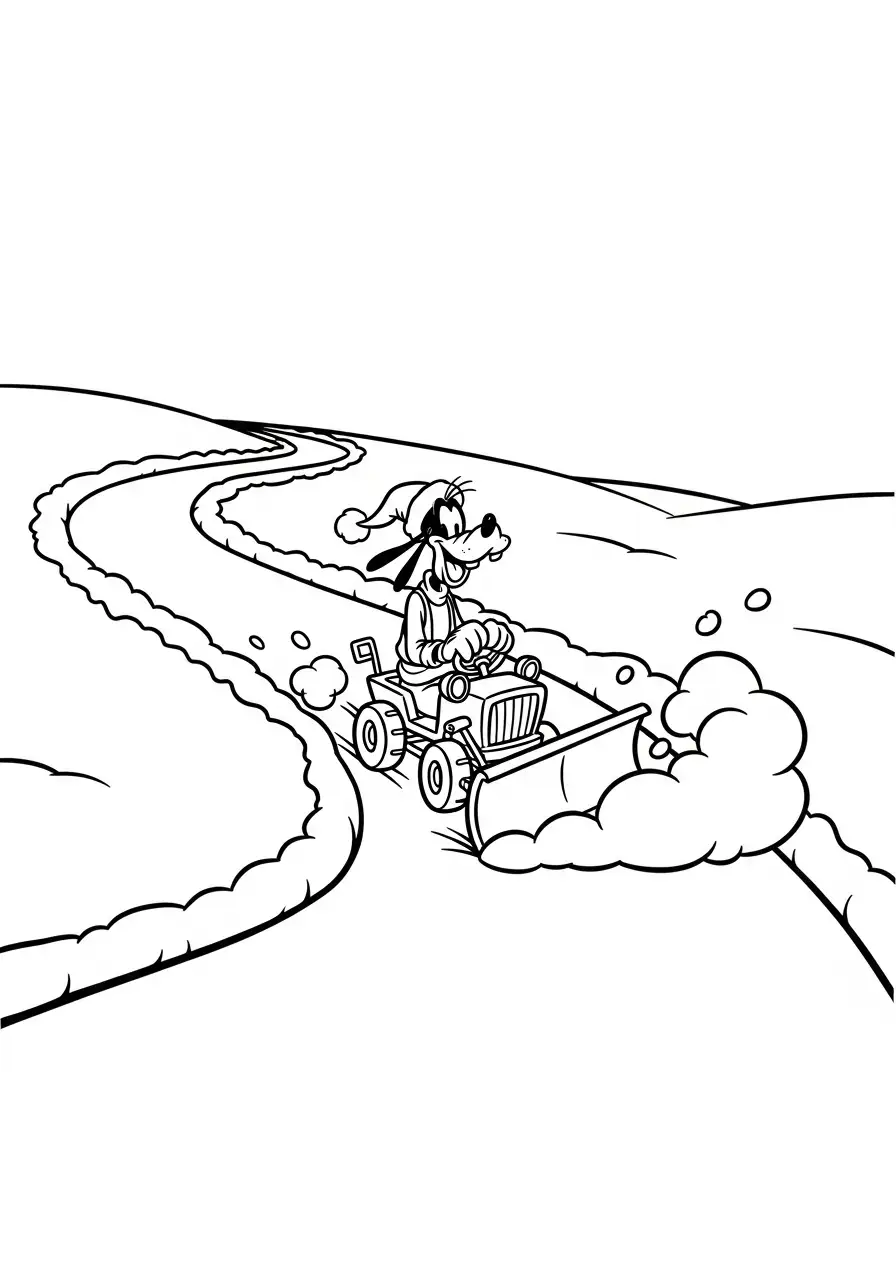 goofy ruimt de weg met sneeuwploeg kleurplaat