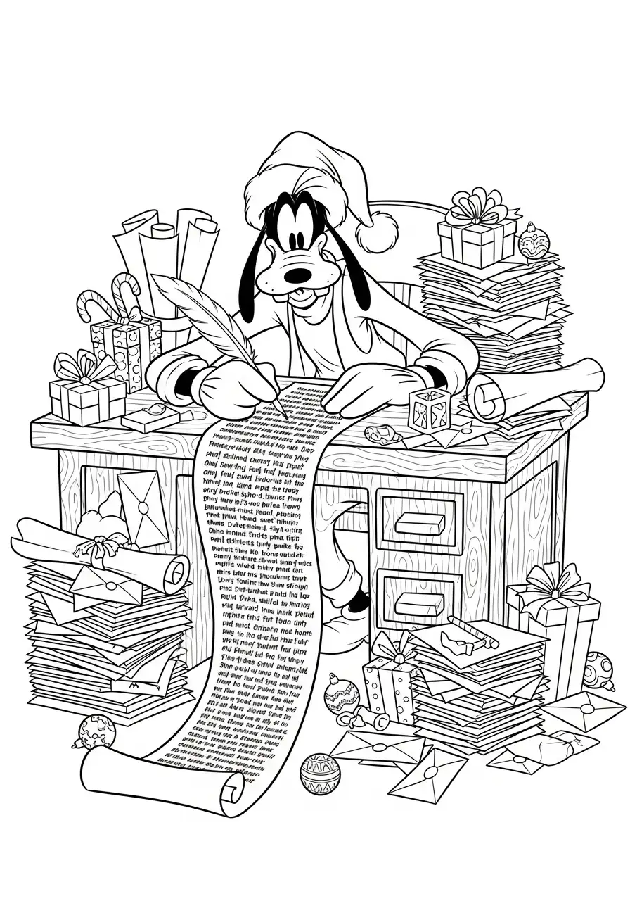 goofy schrijft de oneindige kerstlijst kleurplaat