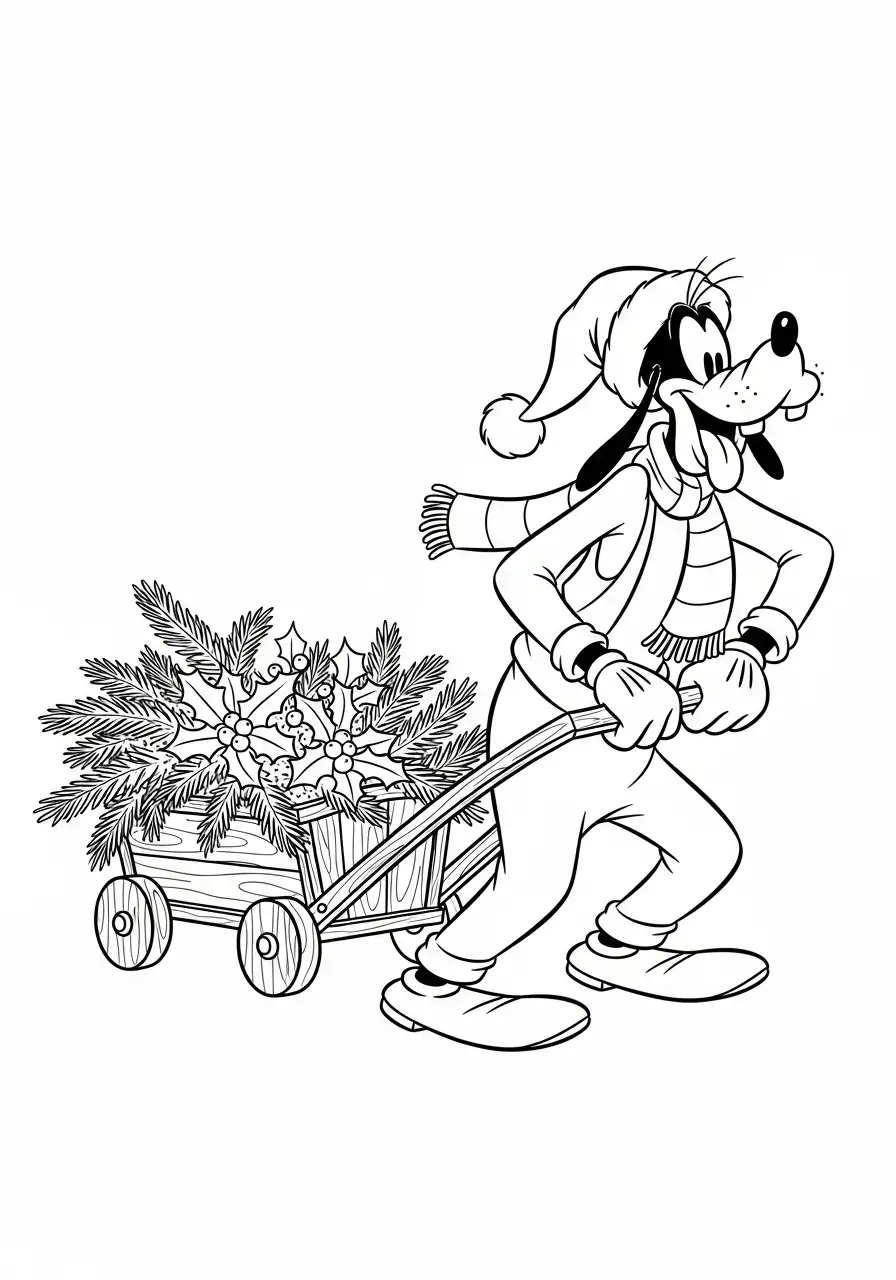 goofy trekt kar vol hulst en dennentakken kleurplaat
