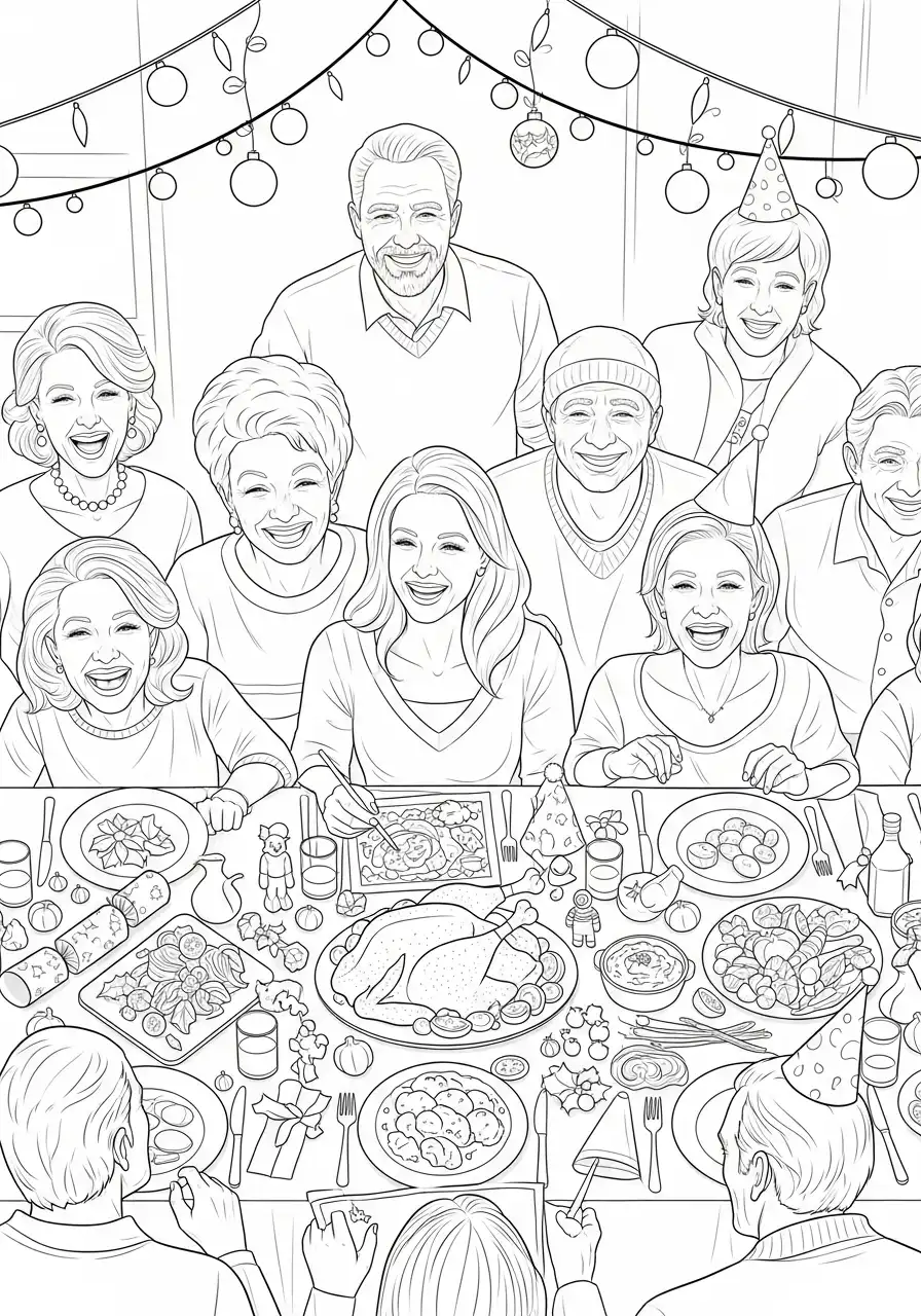 groep vrolijke volwassenen rond de kersttafel kleurplaat