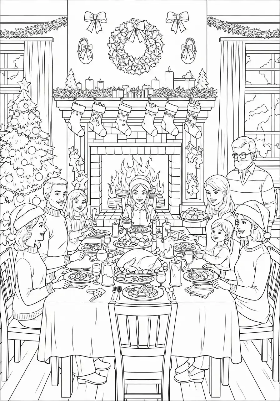 groot familiediner bij de open haard kleurplaat
