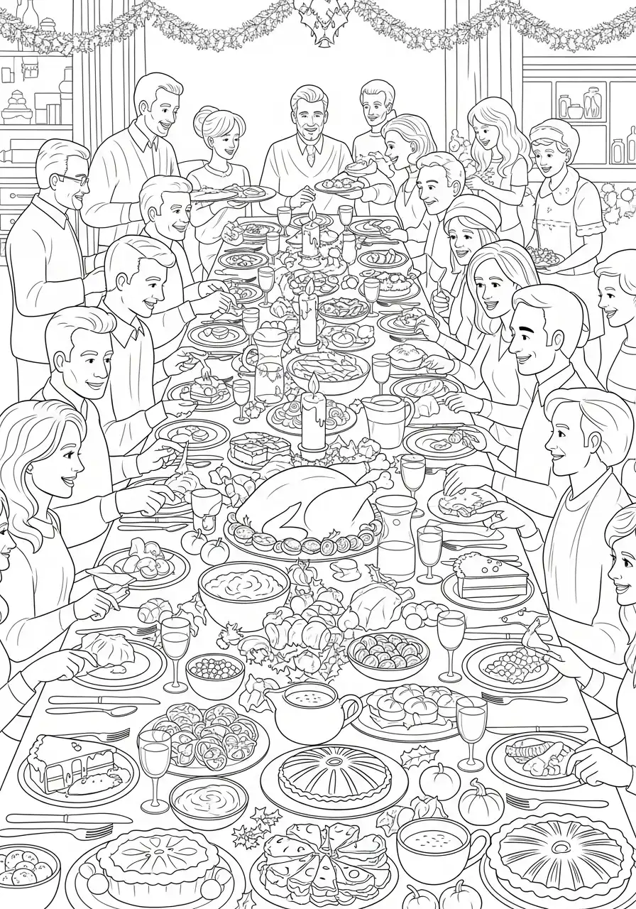 groot kerstfeest en buffet met veel mensen kleurplaat