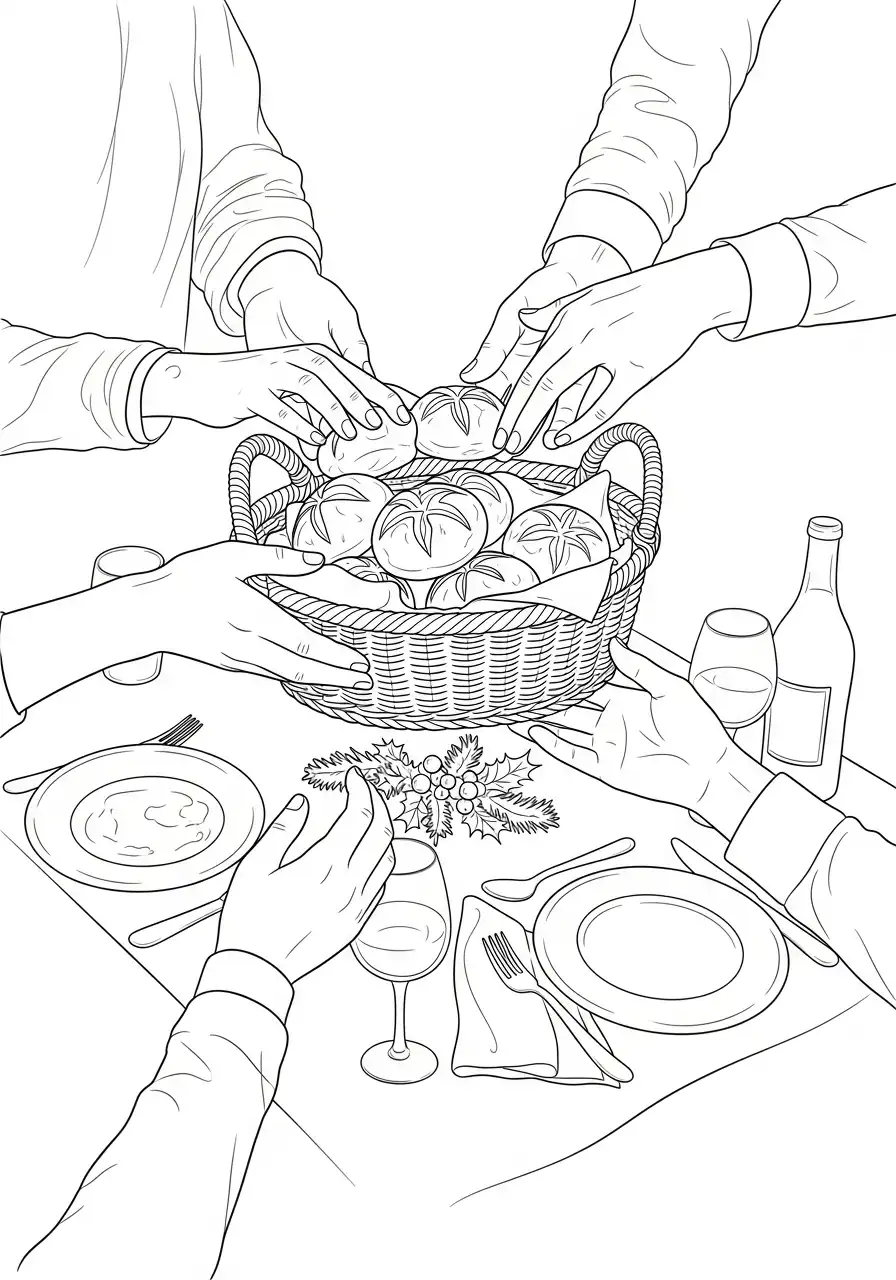 handen pakken kerstbroodjes uit de mand kleurplaat