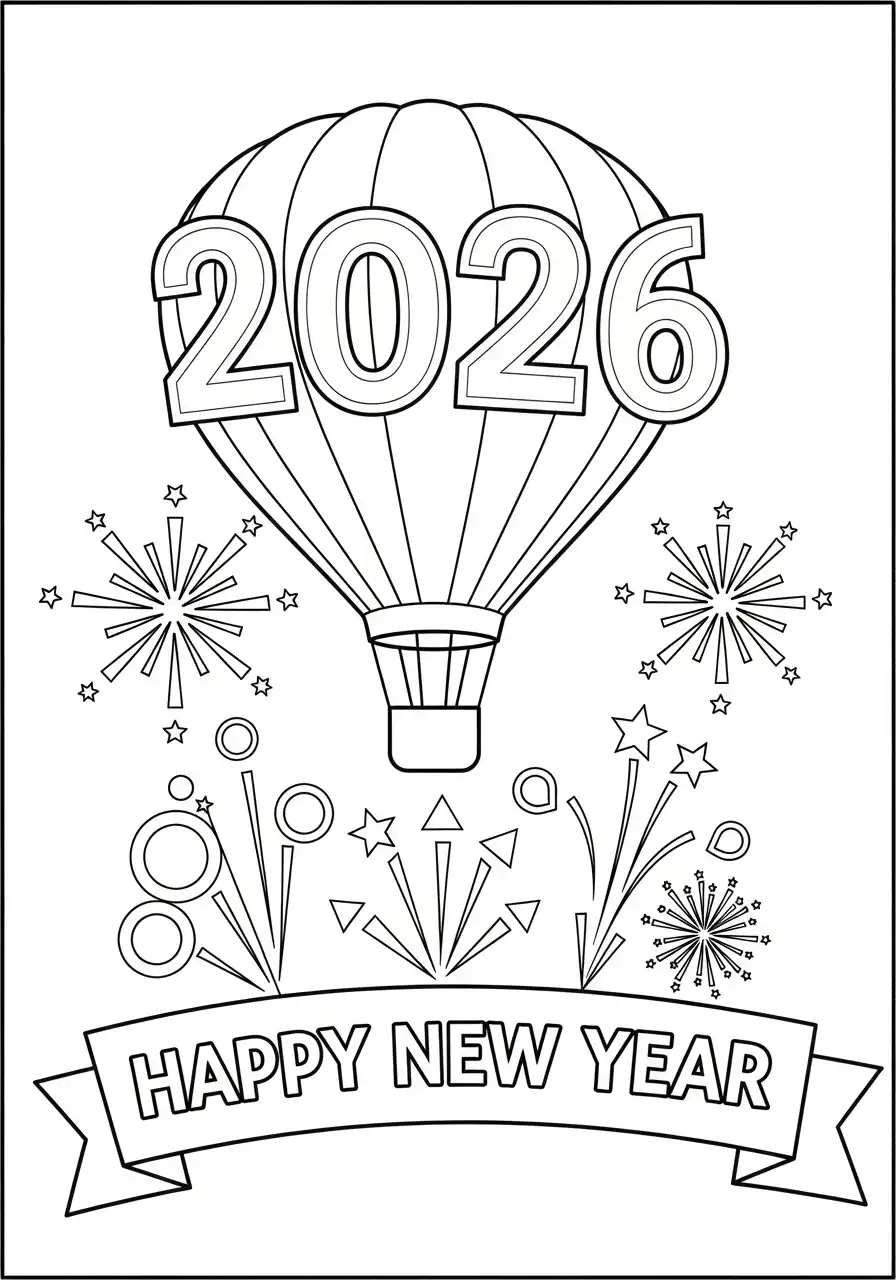 heteluchtballon en vuurwerk 2026 kleurplaat