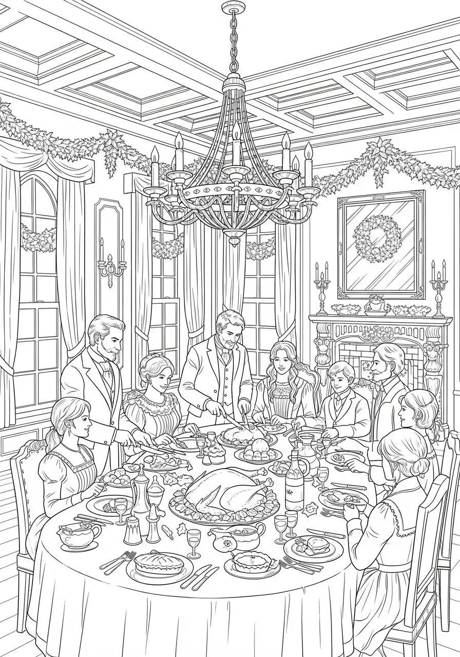 historisch familiediner kalkoen aansnijden kleurplaat