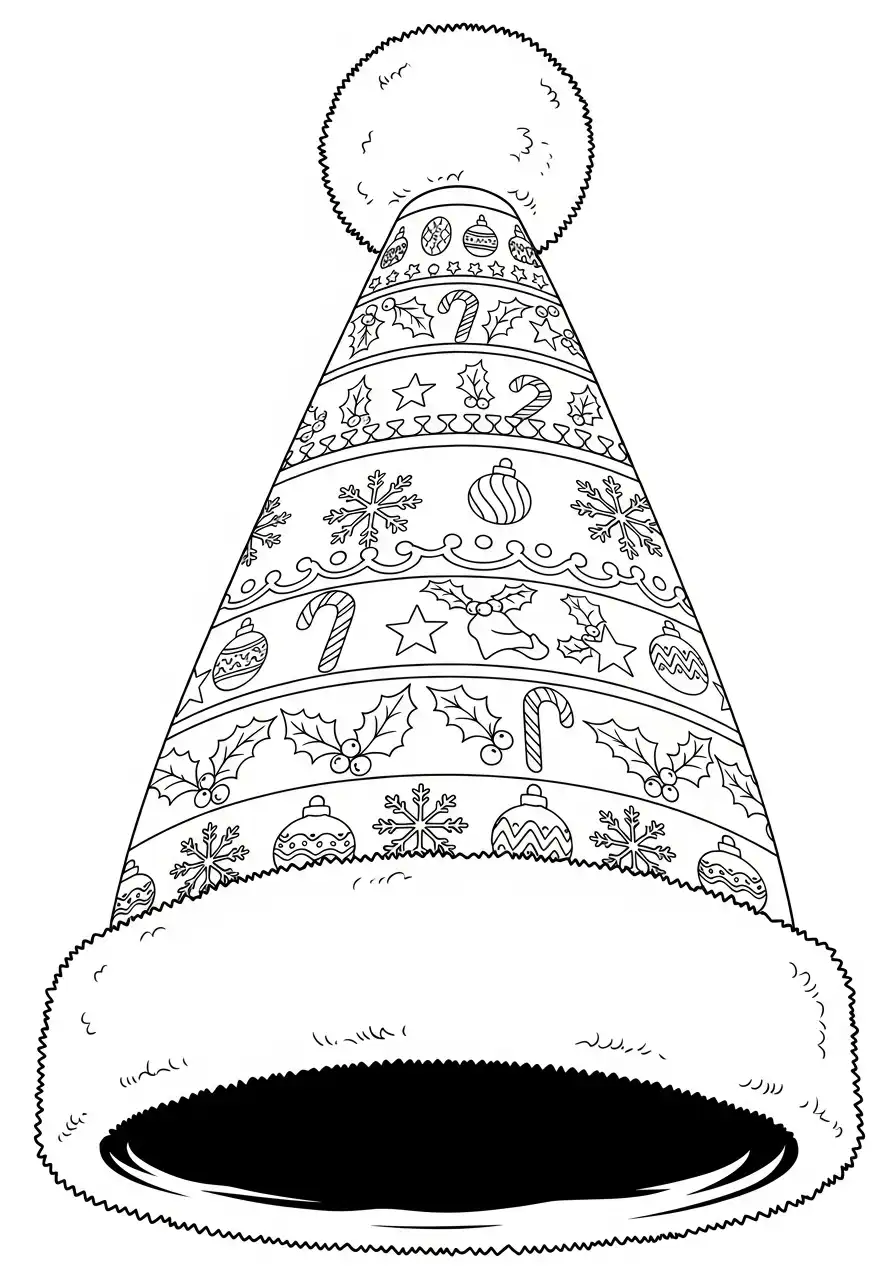 hoge kerstmuts met versieringen kleurplaat