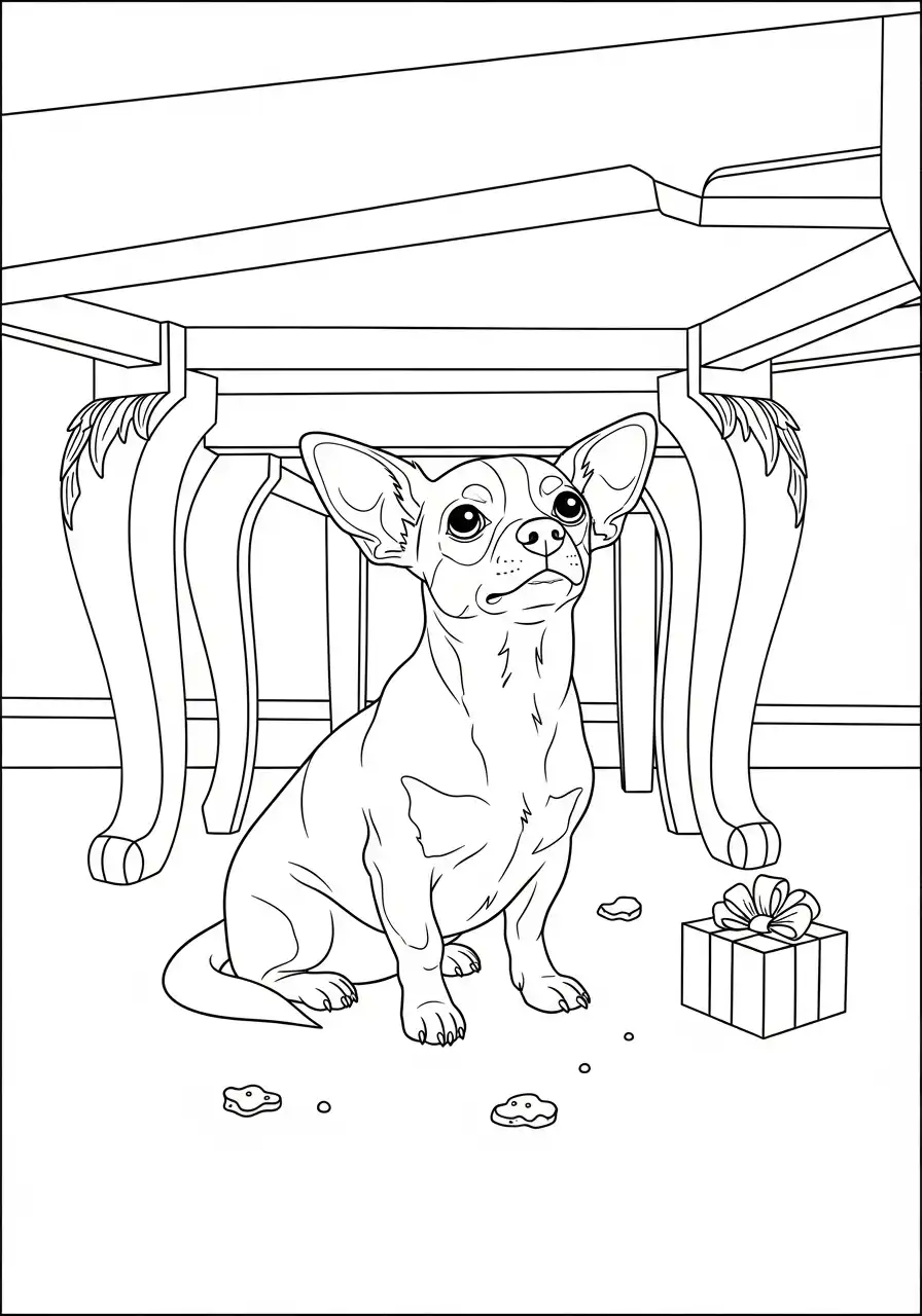 hondje onder de tafel met kerstcadeau kleurplaat