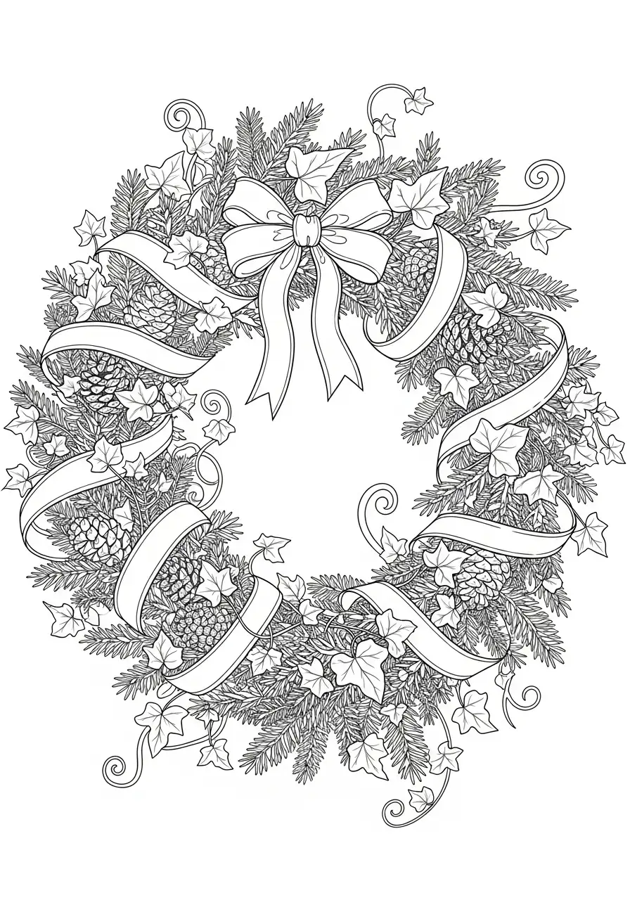 ingewikkelde kerstkrans strik kleurplaat