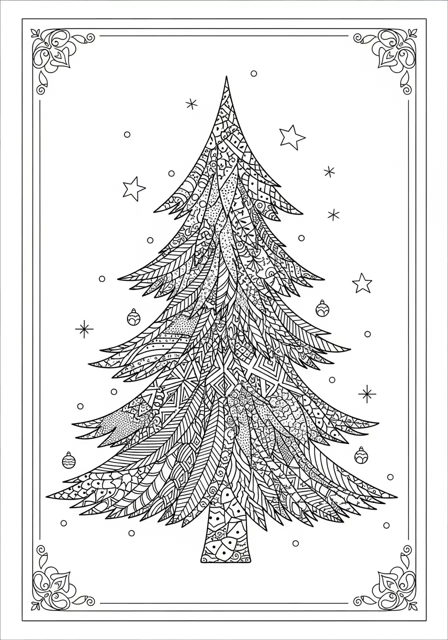 ingewikkelde kleurplaat kerstboom met patronen