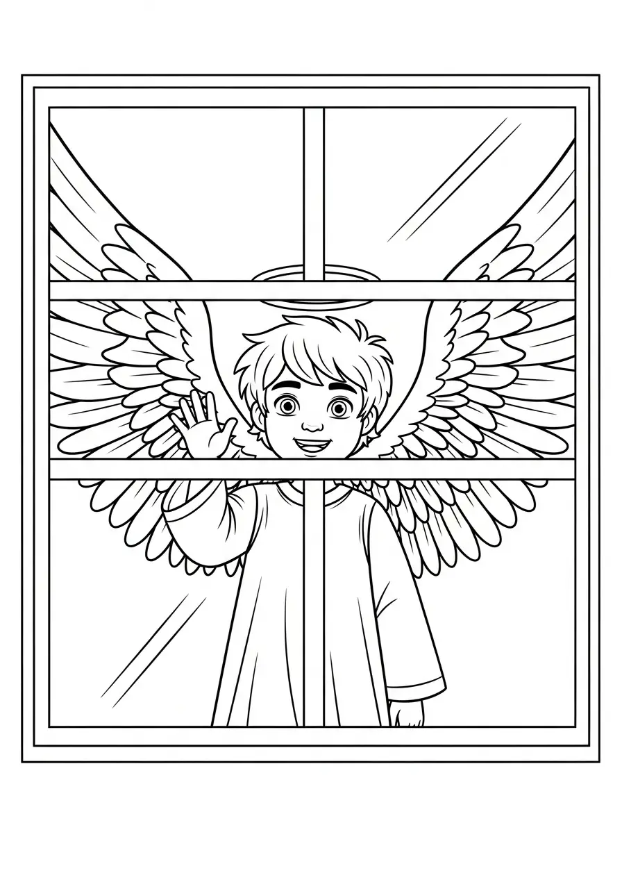 jonge engel zwaait door raam kleurplaat