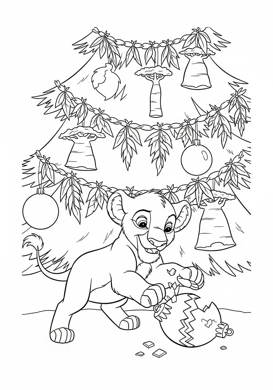 jonge simba speelt met kerstbal kleurplaat