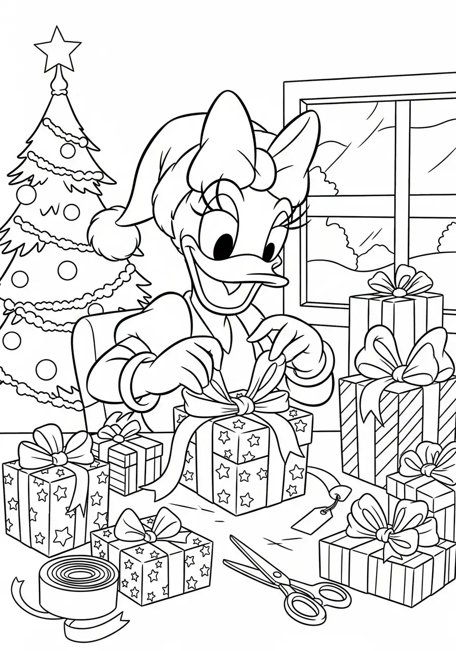 katrien duck pakt kerstcadeaus in kleurplaat