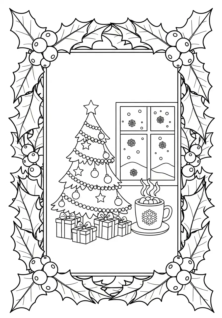 kerstboom bij raam met cacao in hulstkader