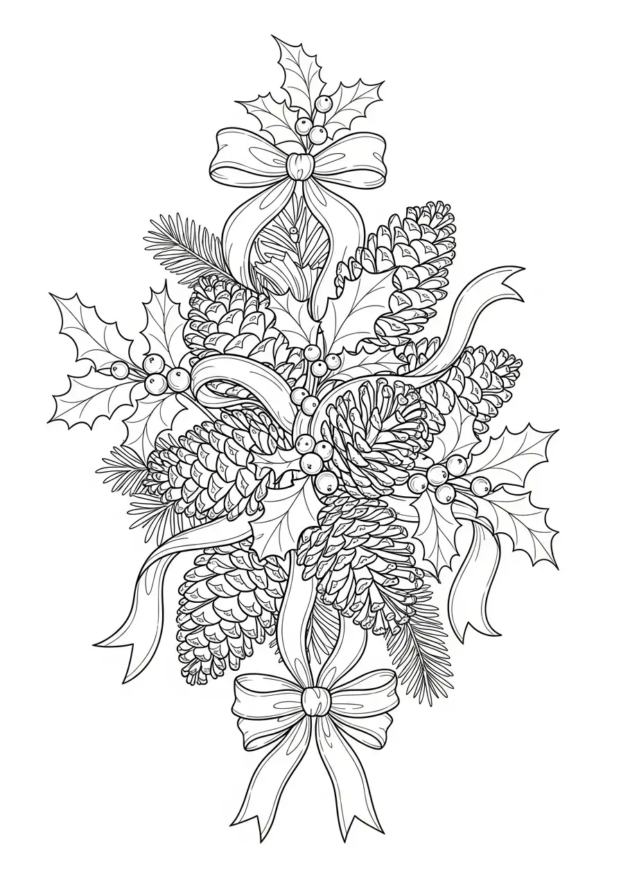 kerstdecoratie dennenappels strikken kleurplaat