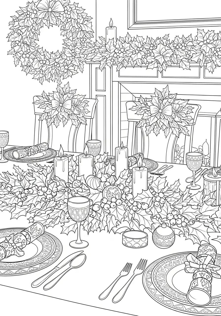 kerstdecoratie op een gedekte tafel kleurplaat