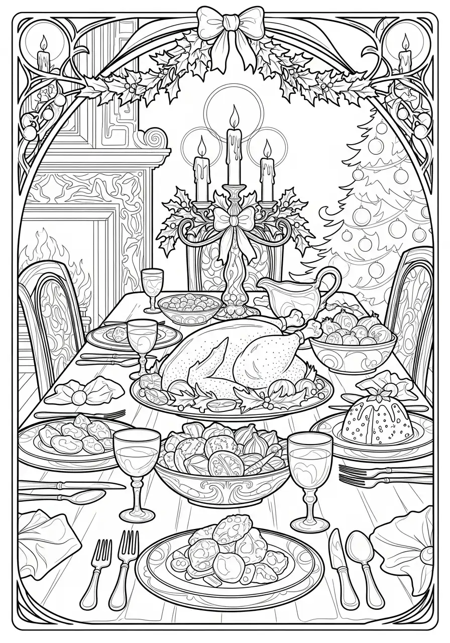 kerstdiner in art nouveau stijl met pudding kleurplaat