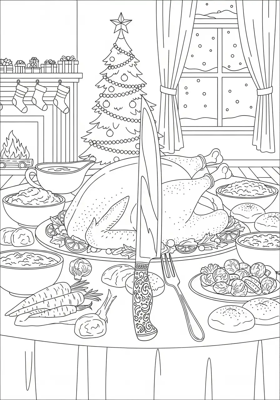 kerstdiner in de woonkamer met mes kleurplaat